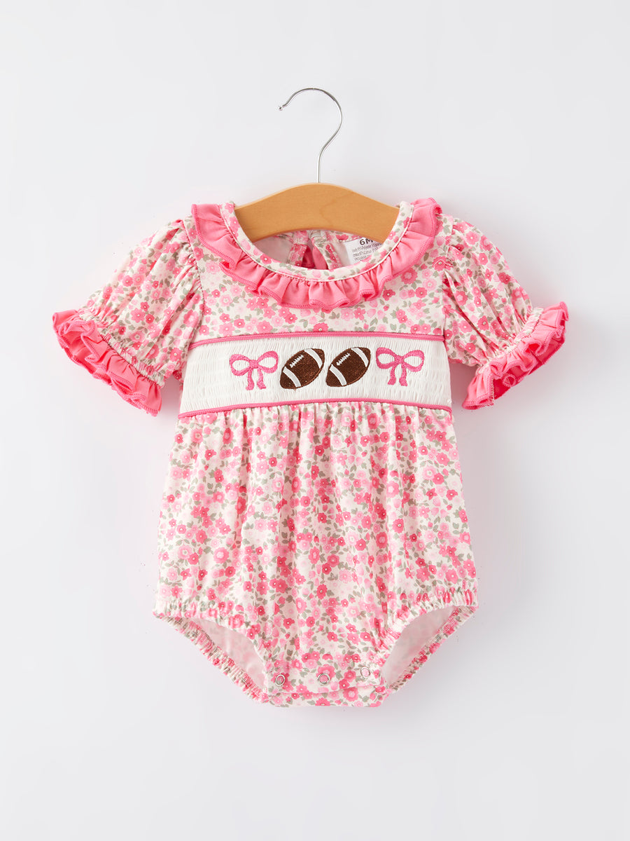 Football Smocking Bow Embroidered Girls Romper