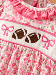 Football Smocking Bow Embroidered Girls Romper