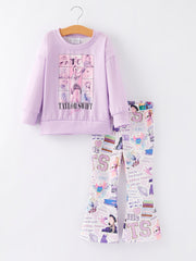 Purple top + TS Print Bell-bottoms Pants Girls Outfit Set