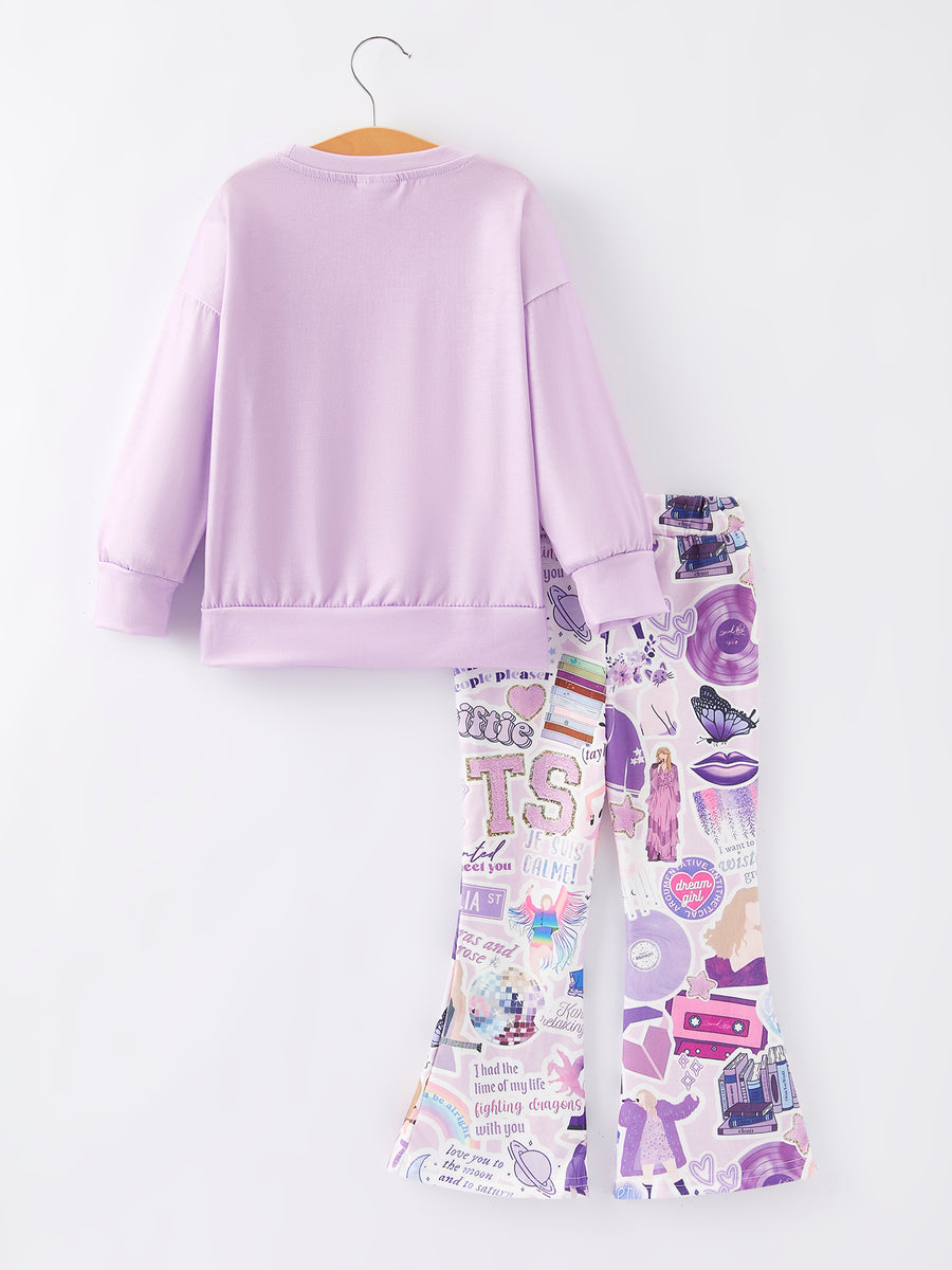 Purple top + TS Print Bell-bottoms Pants Girls Outfit Set