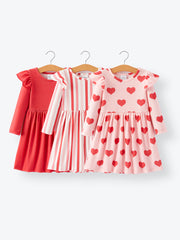 Girls Dress Of 3 PCS In One Package Valentine's Day Print Dress