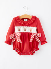 Christmas Smocking Embroidery Bow Girls Romper