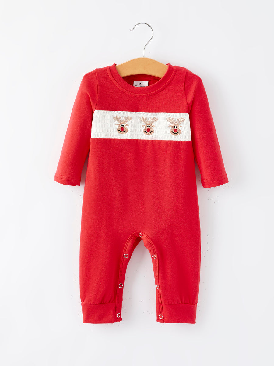 Christmas Red Smocking Embroidery Boys Romper