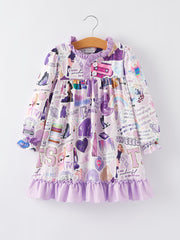 TS Character Print Girls Purple Dress