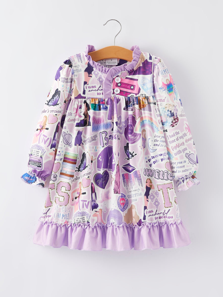 TS Character Print Girls Purple Milk Silk Dress