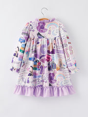 TS Character Print Girls Purple Milk Silk Dress