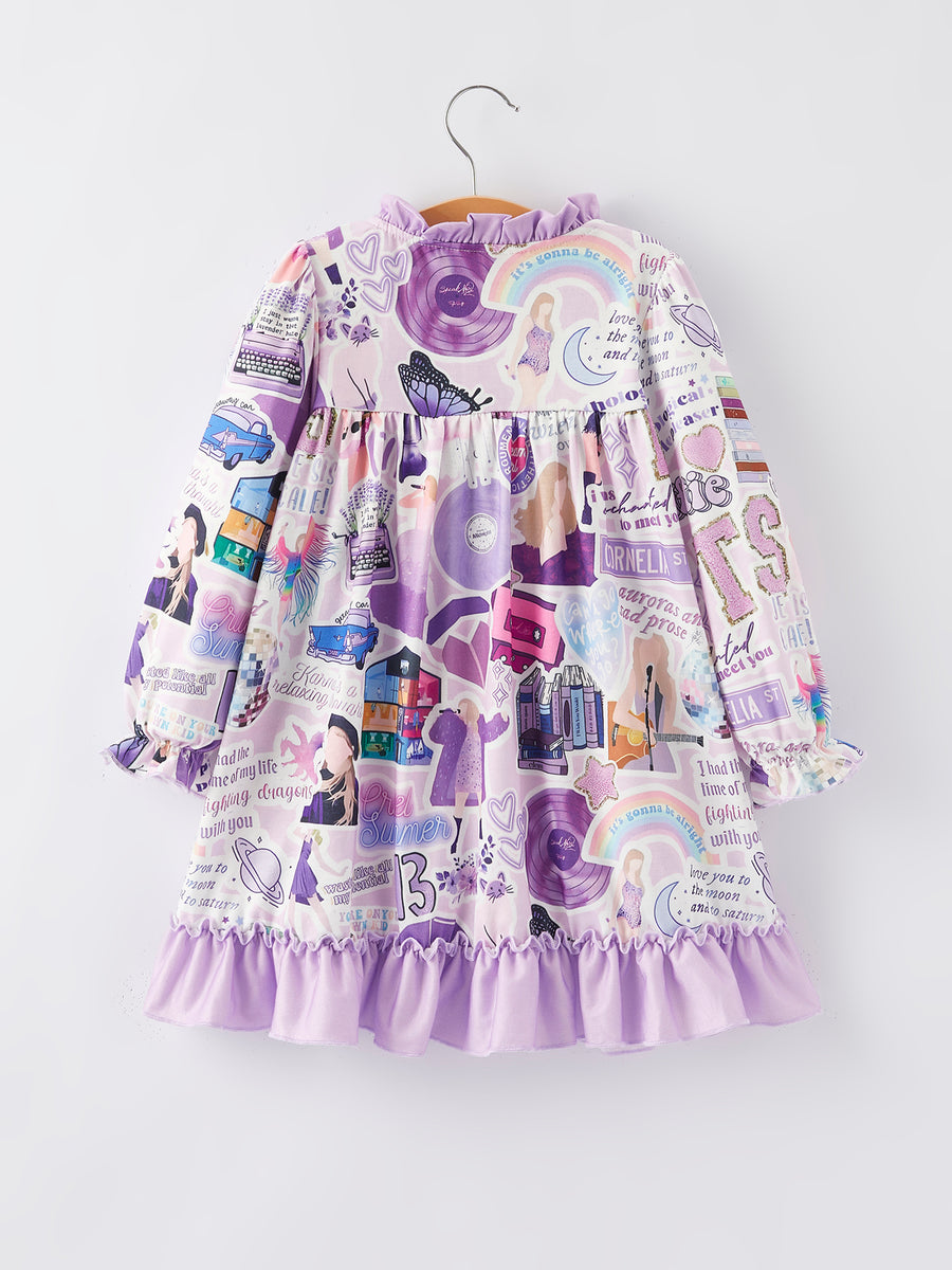 TS Character Print Girls Purple Dress