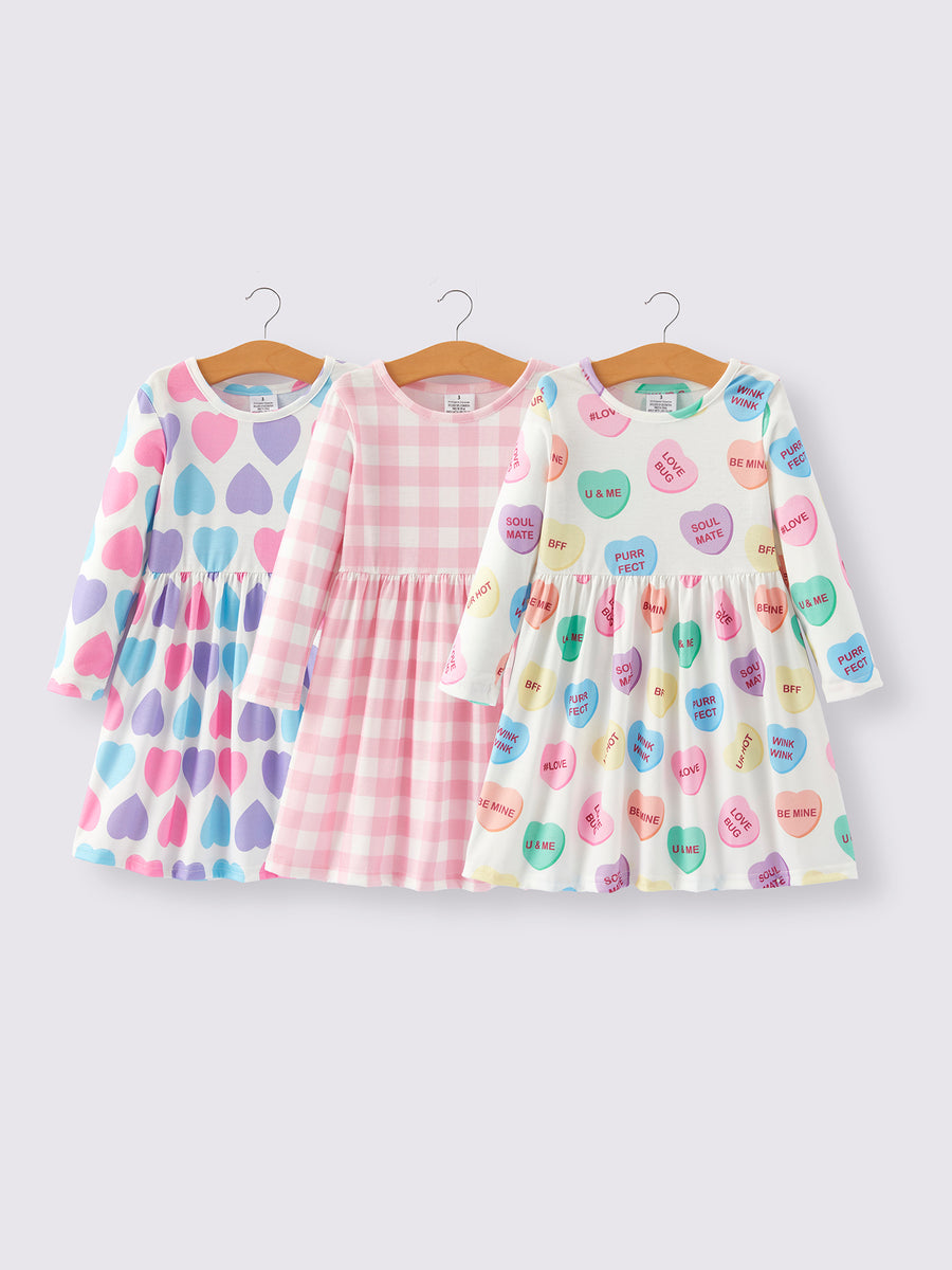 Girls Dress Of 3 PCS In One Package Valentine's Day  Plaid Print Dress