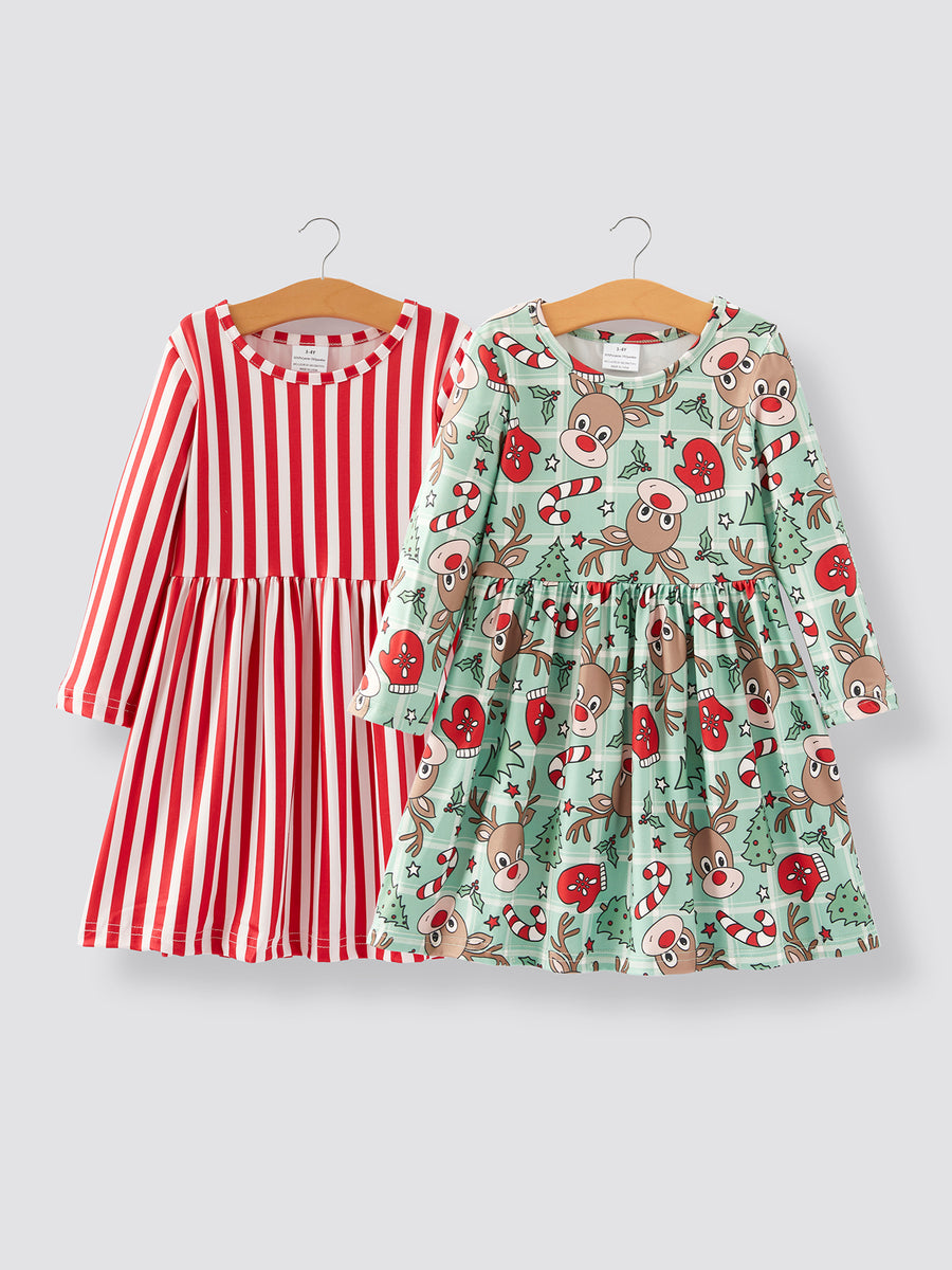 Christmas Girls Dress Of 2 Pcs In One Package Stripe Print Dress