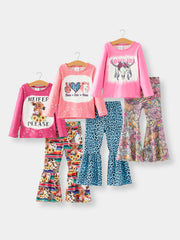 Girls Set Of 3 PCS In One Package Cow Print Top Bell Bottom Outfits Set