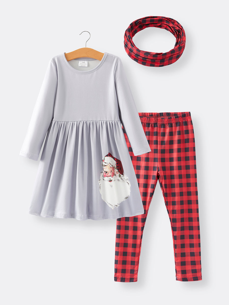 Girls Christmas Plaid Outfit Set with Scarf