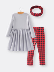 Girls Christmas Plaid Outfit Set with Scarf