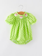 Christmas Green Smocking Embroidered Girls Romper