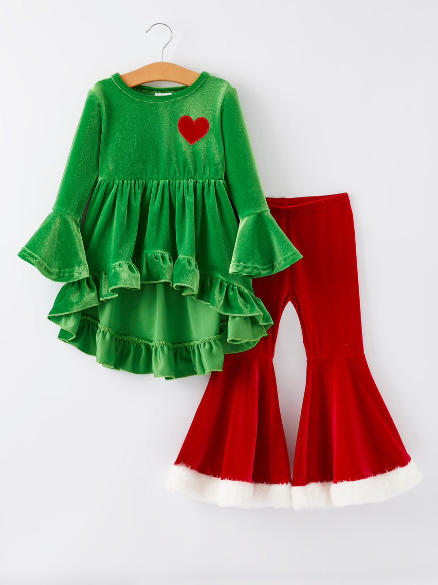 Christmas Embroidered Velvet Girls Outfits Set