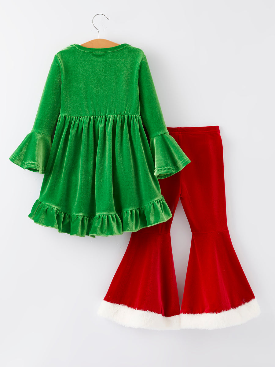 Christmas Embroidered Velvet Girls Outfits Set