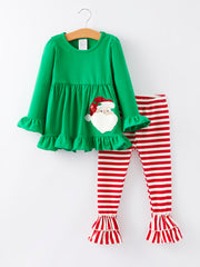 Christmas Santa Applique Striped Girls Outfit Set