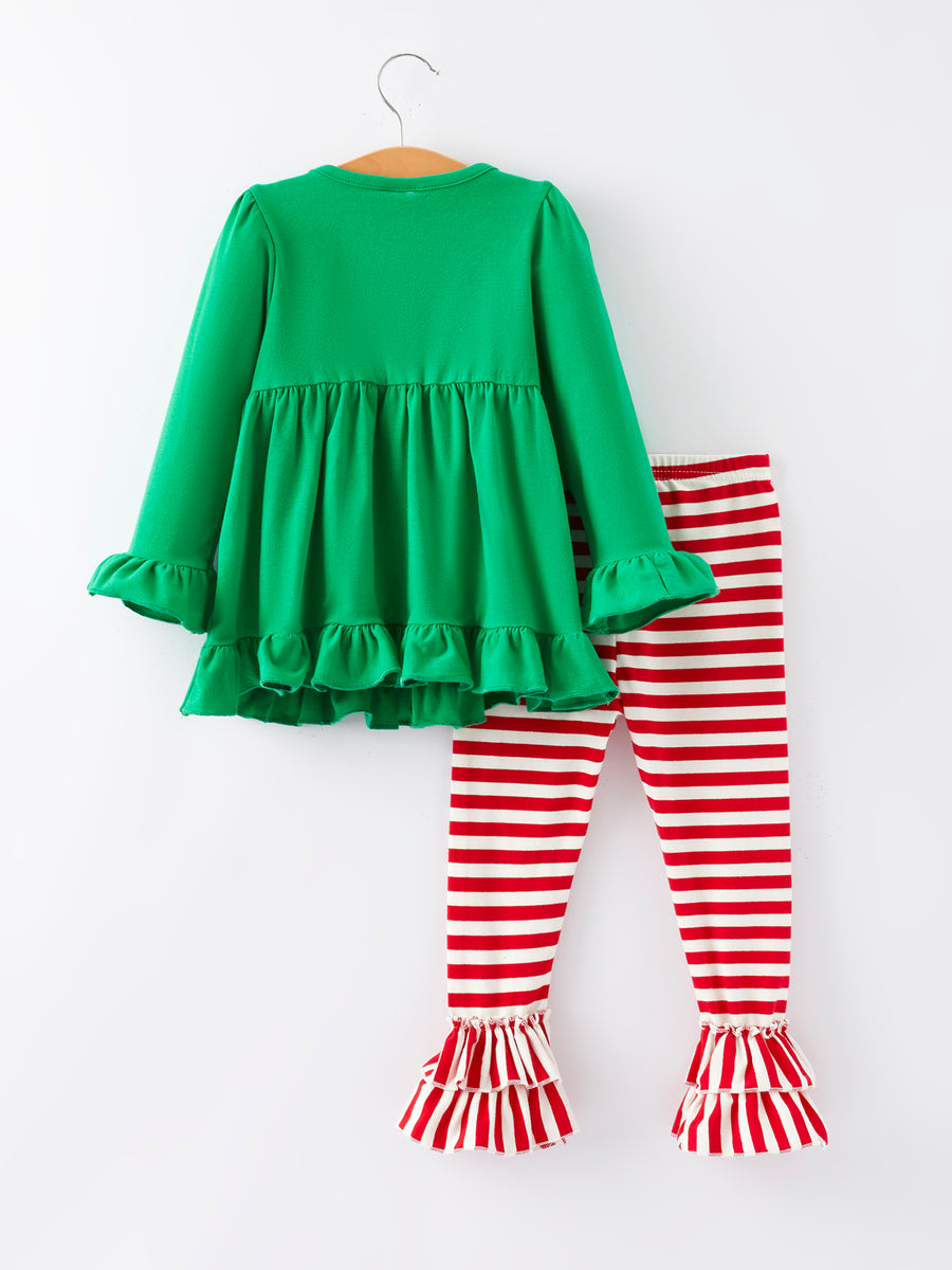 Christmas Santa Applique Striped Girls Outfit Set