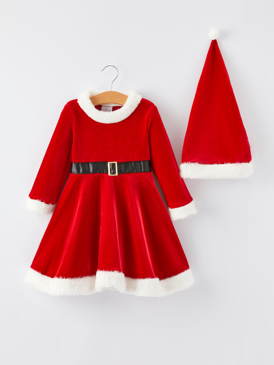 Christmas Red Velvet Girls Dress with hat