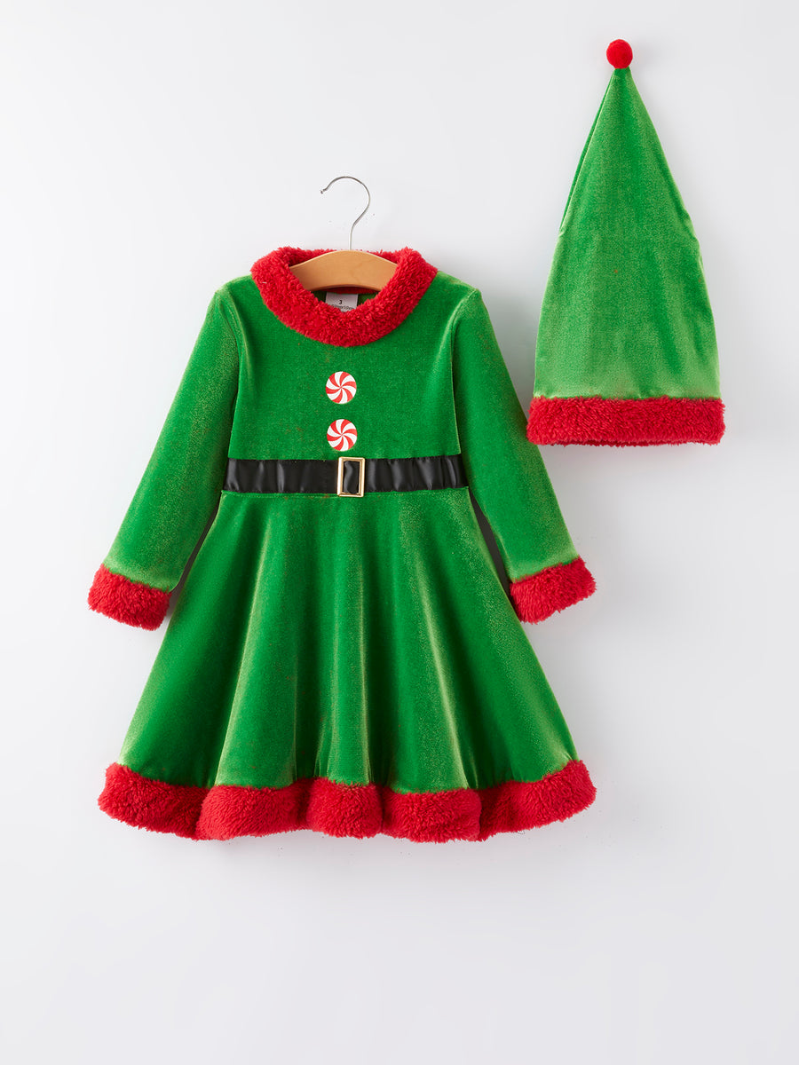 Christmas Green Velvet Girls Dress with hat