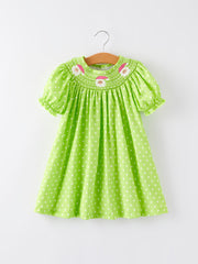 Christmas Green Smocking Embroidered Girls Dress