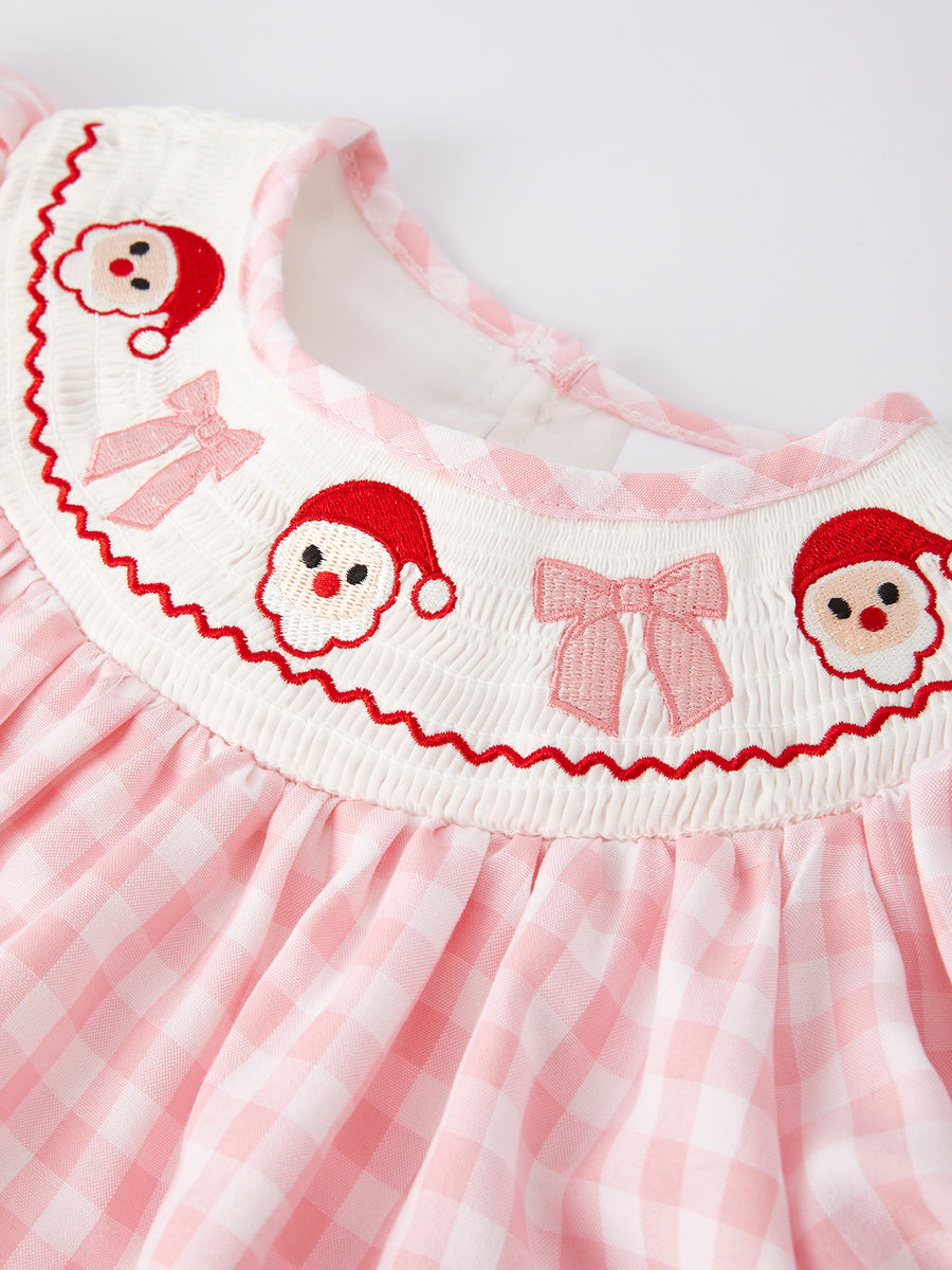 Christmas Santa Embroidered Plaid Girls Dress