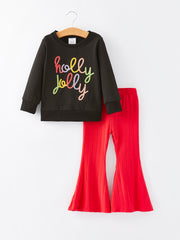 Girls Letter Top Applique + Flared Pants Set