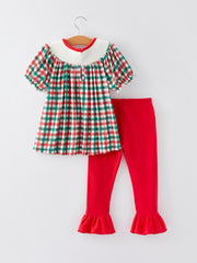 Christmas Plaid Smocking Embroidered Girls Outfits Set