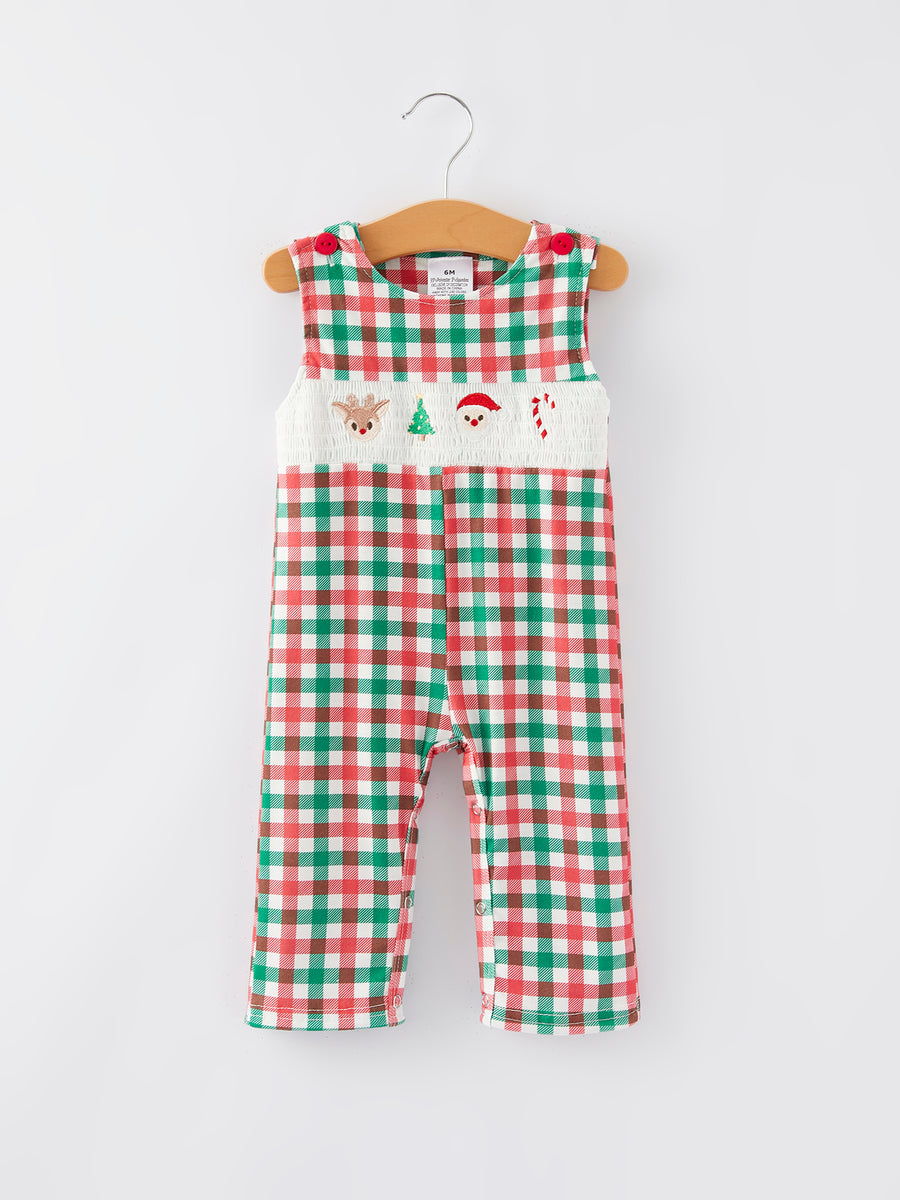 Christmas Plaid Smocking Embroidered Boys Romper