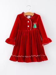 Christmas Tree Embroidered Velvet Girls Dress