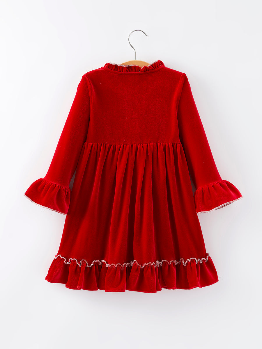 Christmas Tree Embroidered Velvet Girls Dress