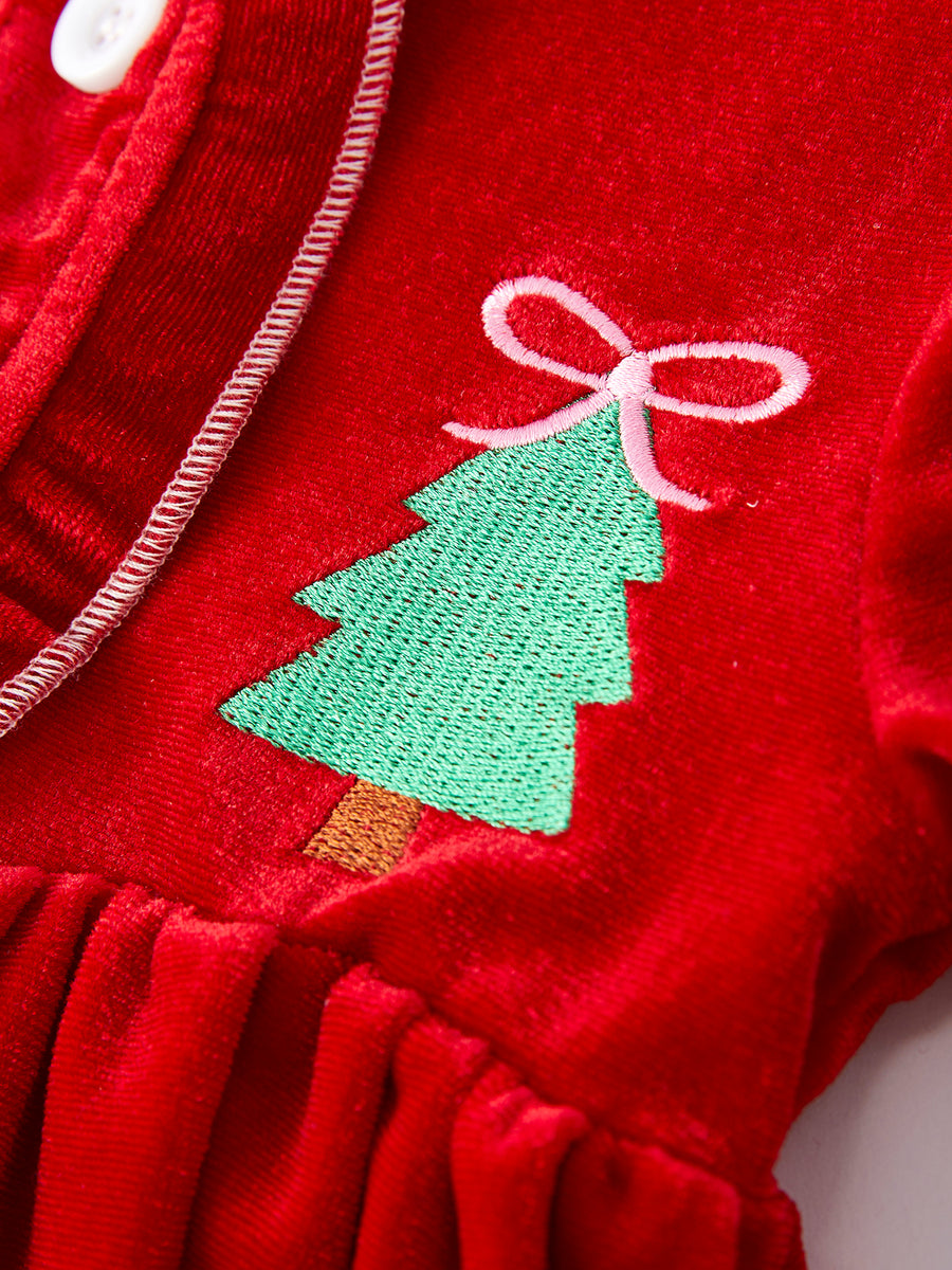 Christmas Tree Embroidered Velvet Girls Dress