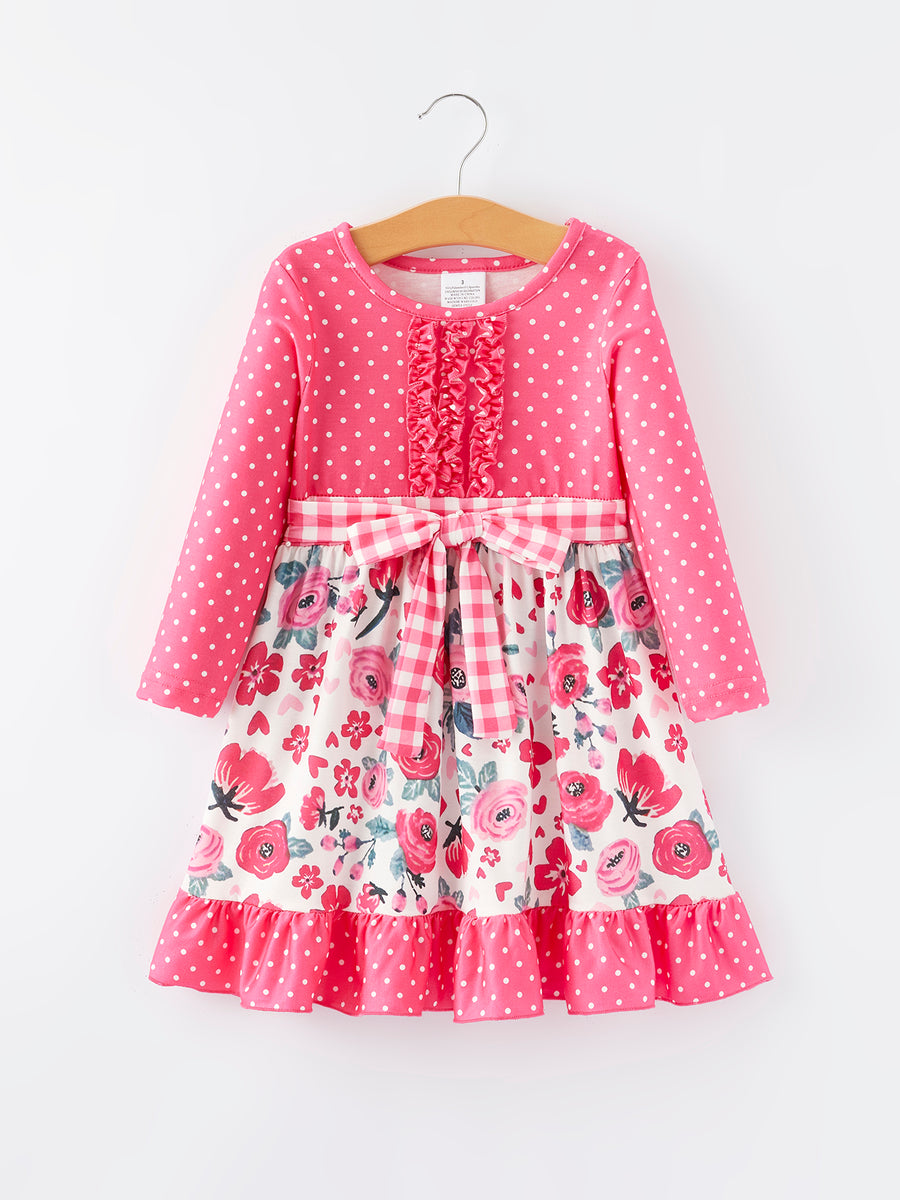 Valentine's Day Flower Print Bow Tie Polka Dot Ruffle Dress