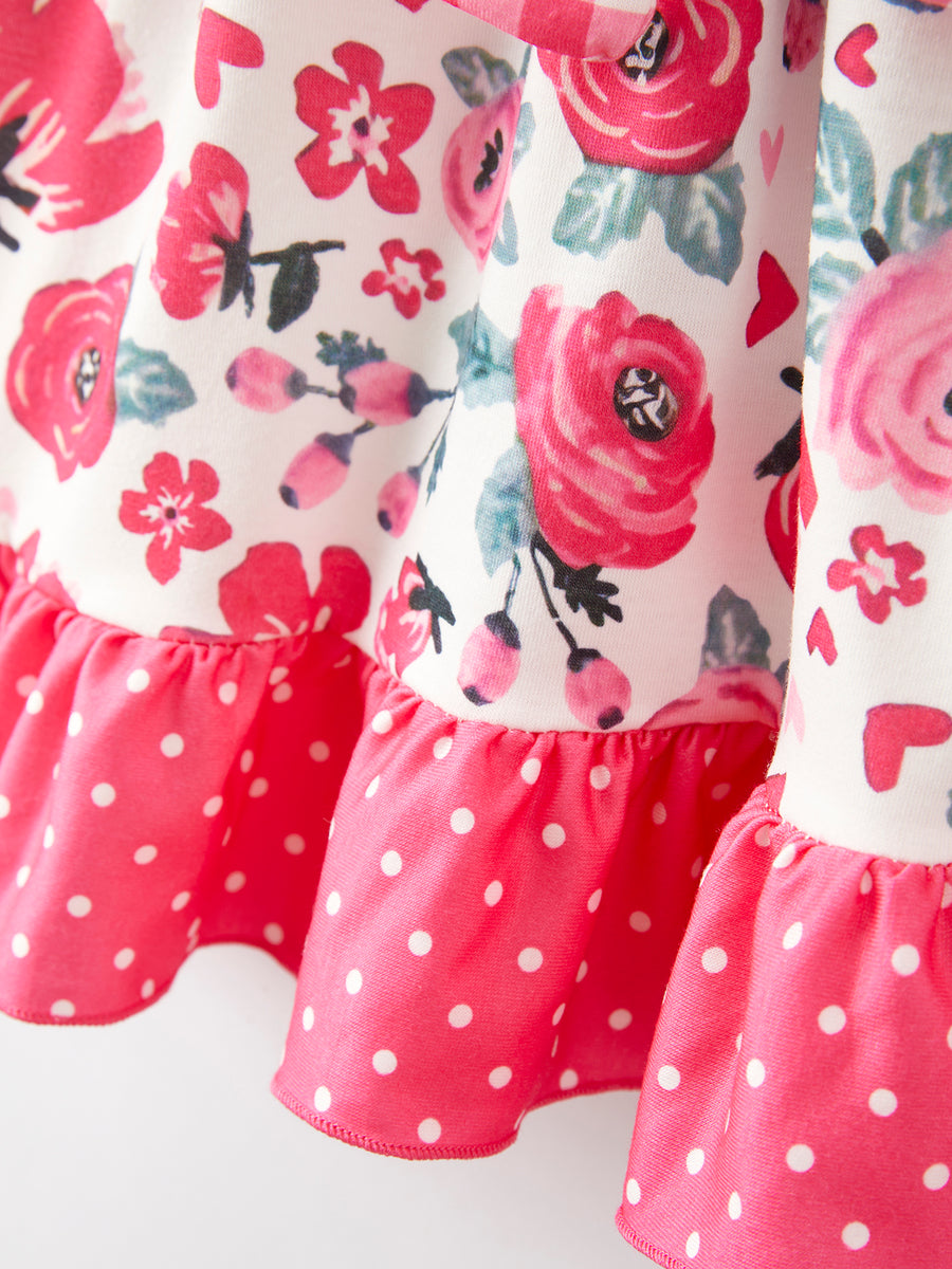 Valentine's Day Flower Print Bow Tie Polka Dot Ruffle Dress