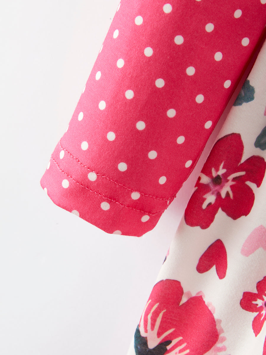 Valentine's Day Flower Print Bow Tie Polka Dot Ruffle Dress