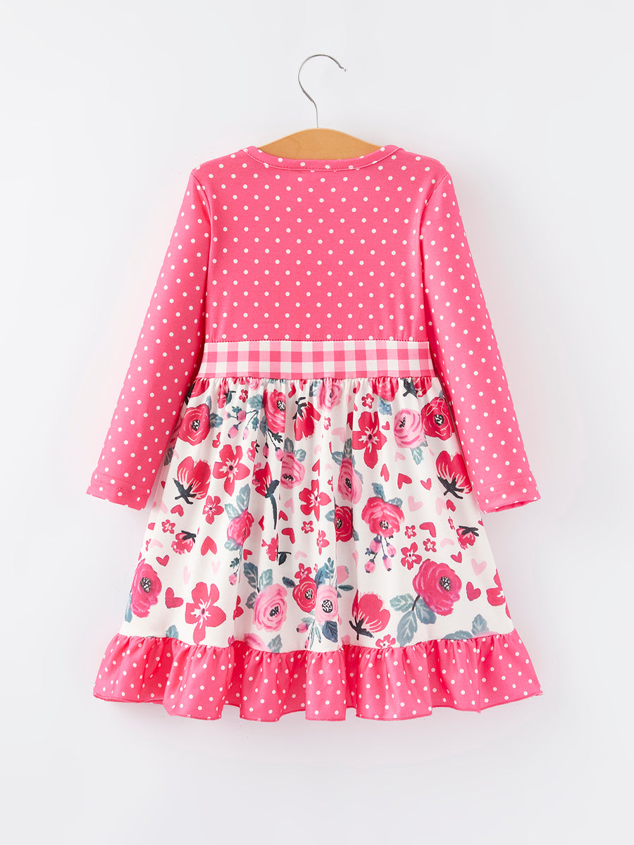 Valentine's Day Flower Print Bow Tie Polka Dot Ruffle Dress