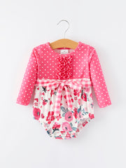 Valentine's Day Flower Print Bow Polka Dot Ruffle Girls Romper