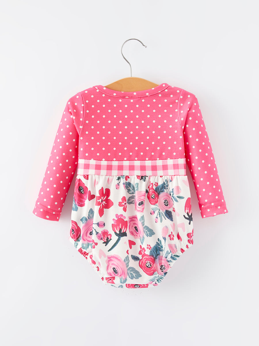 Valentine's Day Flower Print Bow Polka Dot Ruffle Girls Romper