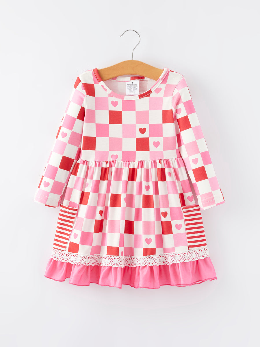 Valentine's Day Checkerboard Print Pink Pocket Dress