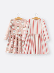 Girls dress Of 2 Pcs In One Package Christmas Santa Print Stripe Dress