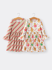 Girls dress Of 2 Pcs In One Package Christmas Gingerbread Print Stripe Dress