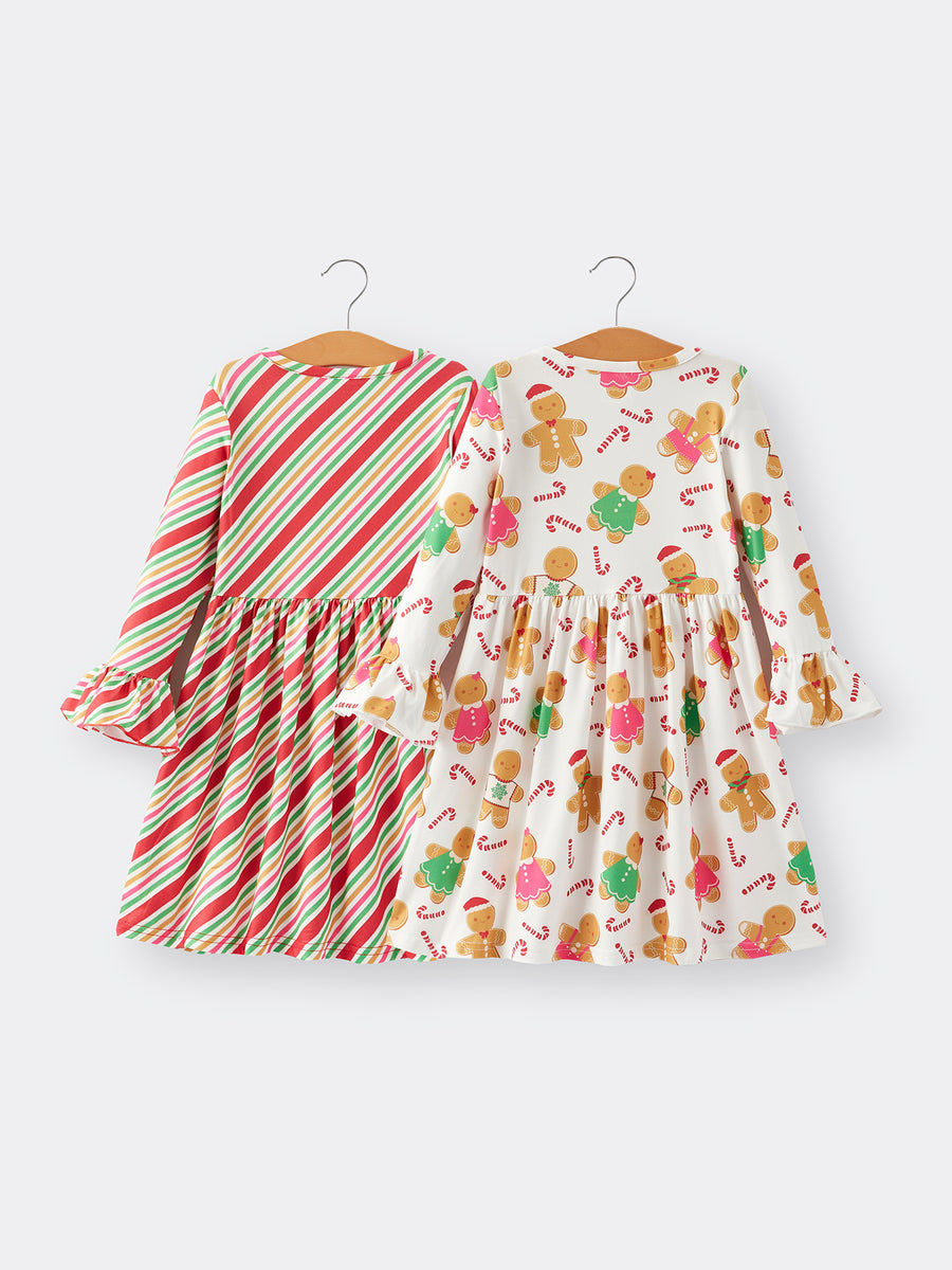 Girls dress Of 2 Pcs In One Package Christmas Gingerbread Print Stripe Dress