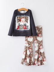 Girls Christmas "JESUS" Print Leopard Outfits Set