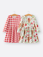 Girls Christmas Print Plaid Dress 2-piece Set