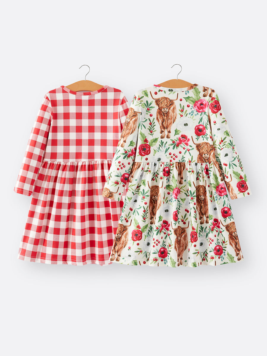 Girls Christmas Print Plaid Dress 2-piece Set