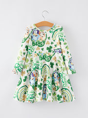 Cartoon Character Print Green Girls Long Sleeve Dress