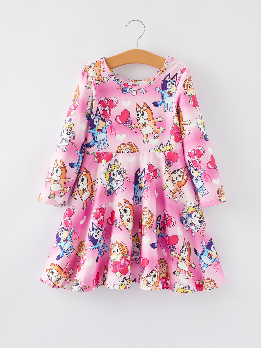 Cartoon Character Print Pink Girls Long Sleeve Dress