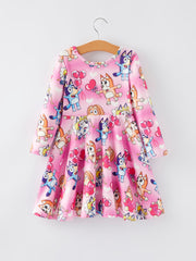 Cartoon Character Print Pink Girls Long Sleeve Dress