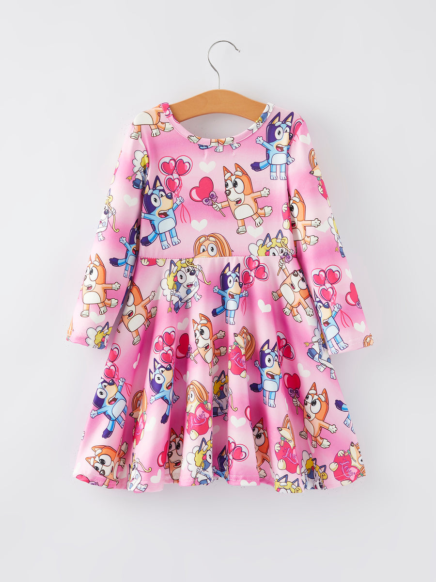 Cartoon Character Print Pink Girls Long Sleeve Dress