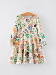 Girls Cartoon Character Rainbow Print Dress