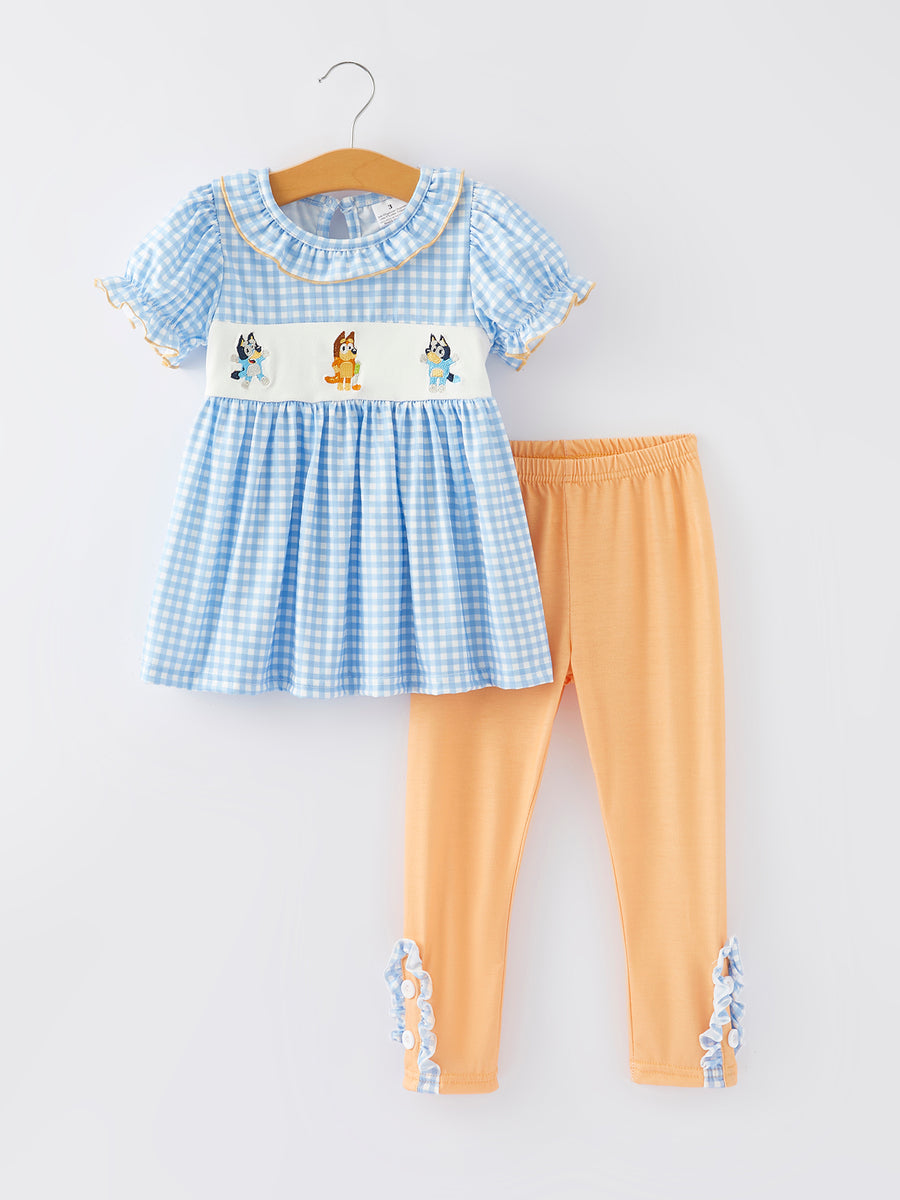 Cartoon Plaid Embroidered Girls Pants Outfit Set